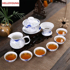 10 Pcs Blue and White Bone Tea Service Ceramic Tea Cup Pot China Kung Fu Tea Set