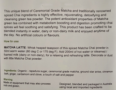 ORGANIC Matcha Green Tea Powder mixed with Chai Latte spices -100g - Matcha Chai