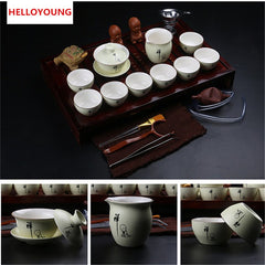 CJ281 Chinese Kung Fu Tea Set Drinkware Purple Clay ceramic include Tea Pot Cup,Tureen Infuser Natural wood Tea Tray Chahai