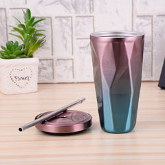 Coffee Mug With Straws Cup 500ml Creative Double Wall Stainless Steel Gradient Diamond Shaped Vacuum Insulation Bottle Tour