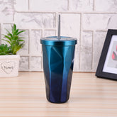 Coffee Mug With Straws Cup 500ml Creative Double Wall Stainless Steel Gradient Diamond Shaped Vacuum Insulation Bottle Tour