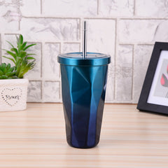 Coffee Mug With Straws Cup 500ml Creative Double Wall Stainless Steel Gradient Diamond Shaped Vacuum Insulation Bottle Tour