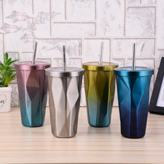 Coffee Mug With Straws Cup 500ml Creative Double Wall Stainless Steel Gradient Diamond Shaped Vacuum Insulation Bottle Tour