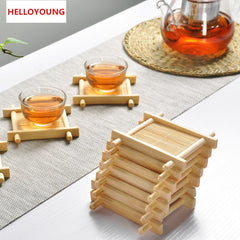 CJ268 Natural 1pc 100% Bamboo Wood Trays For Tea Trays 7cm*7cm Creative Chinese Word Jing Concave Cup Mat