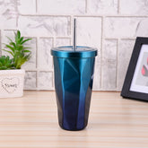 Coffee Mug With Straws Cup 500ml Creative Double Wall Stainless Steel Gradient Diamond Shaped Vacuum Insulation Bottle Tour