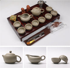 CJ281 Chinese Kung Fu Tea Set Drinkware Purple Clay ceramic include Tea Pot Cup,Tureen Infuser Natural wood Tea Tray Chahai