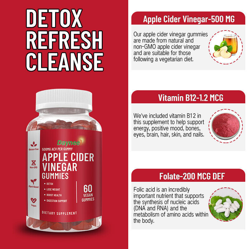Vitamin B12 Apple Cider Vinegar Gummies Detox Boost 60 Vegan Capsules