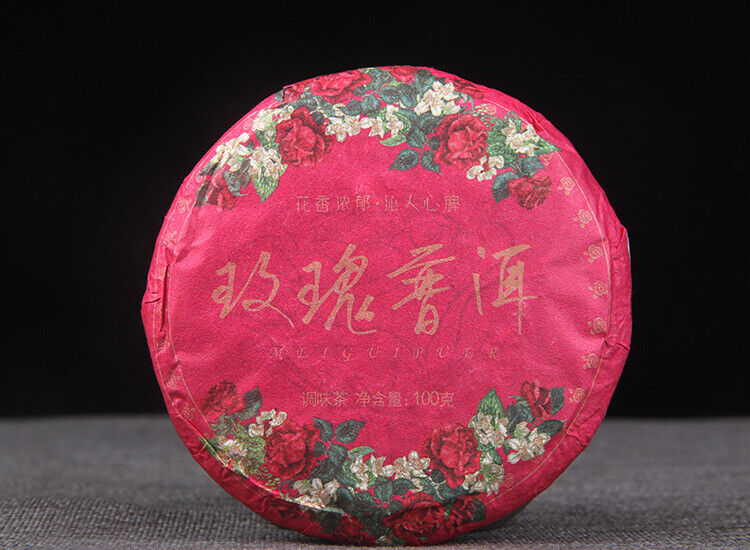 HelloYoung 100g Pu-erh Ripe Tea Rose Ripe Tea Cake 普洱茶熟茶玫瑰花普熟茶饼三级普洱+玫瑰花陈香花香茶饼