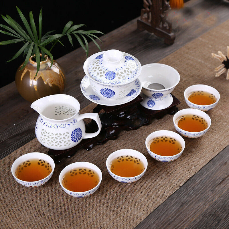 10 Pcs Blue and White Bone Tea Service Ceramic Tea Cup Pot China Kung Fu Tea Set