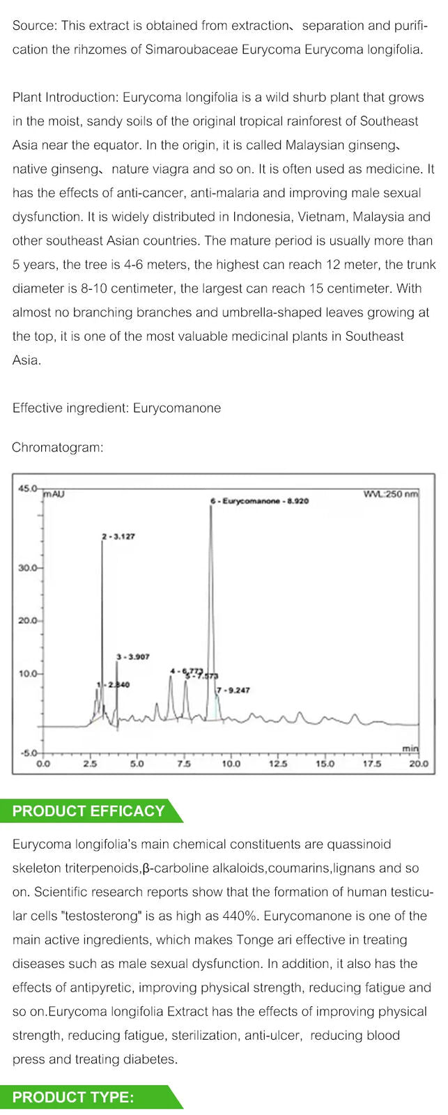 100% Natural Plant Extract Tong*Ali Extract 1% 2% 3% Eurycomanone 500/1000g