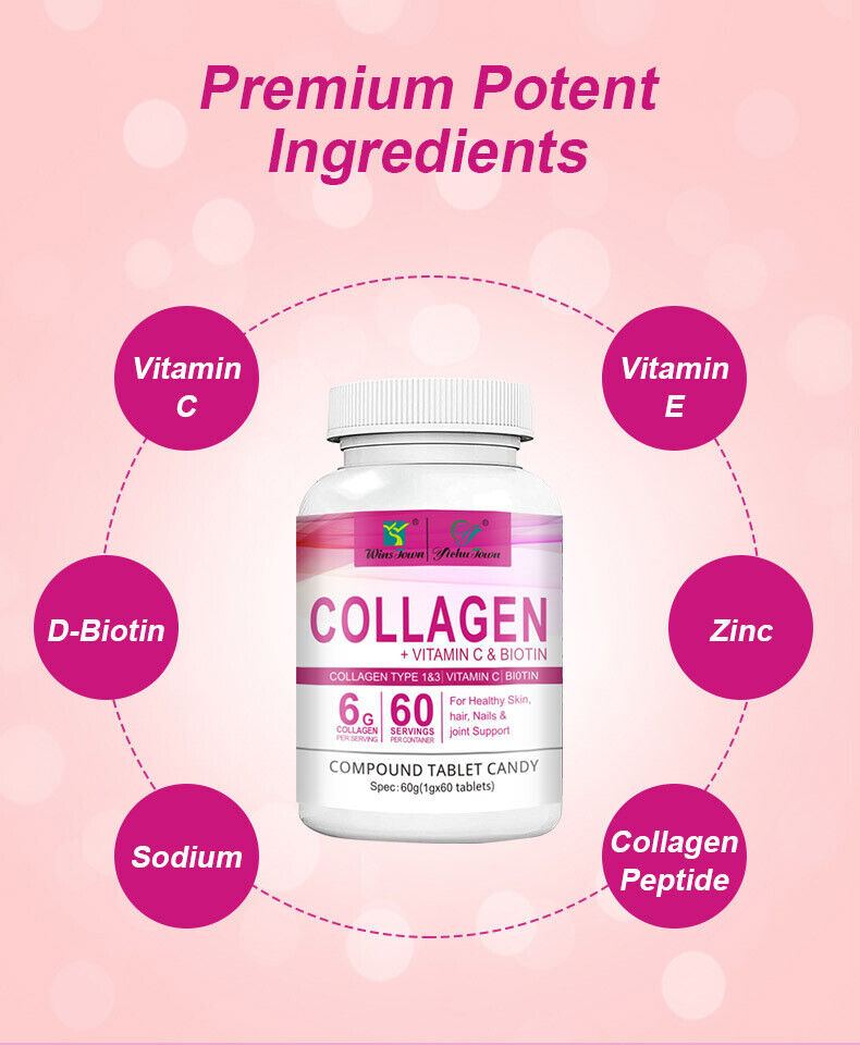 Collagen Vitamin C Biotin Tablets for Healthy Skin Hair Nail 60tablets/bottle