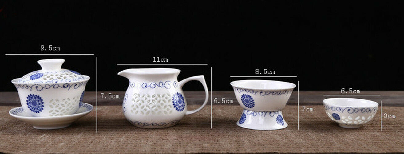 10 Pcs Blue and White Bone Tea Service Ceramic Tea Cup Pot China Kung Fu Tea Set