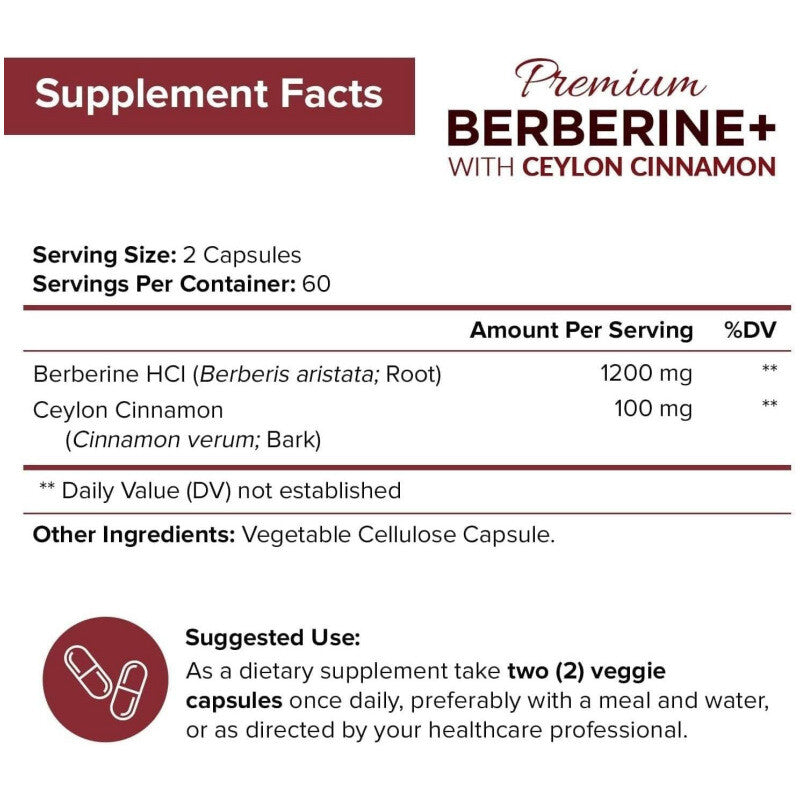 1200mg Berberine Capsules, Natural HCL Extract, Healthy Cholesterol Caps 60 Caps
