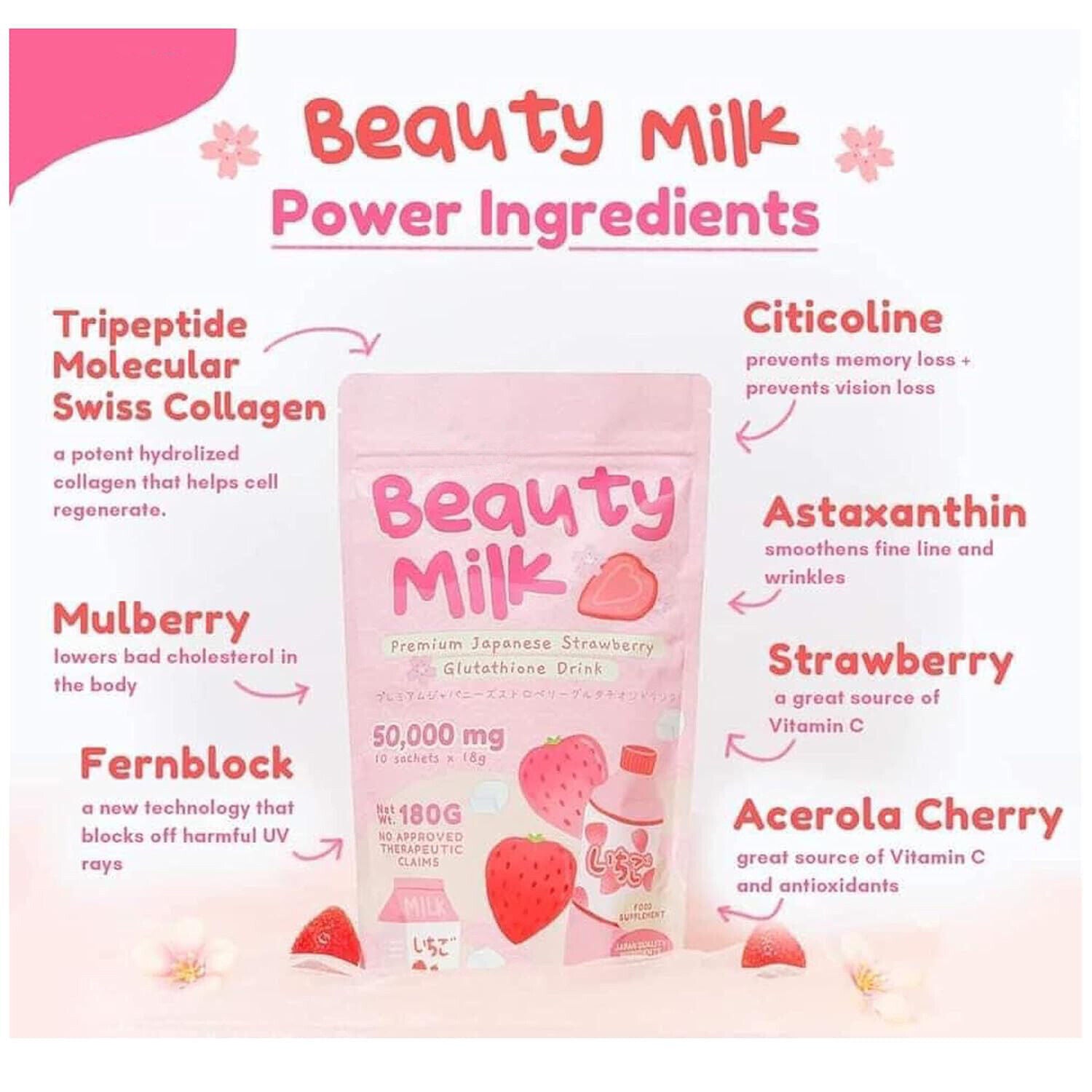 Premium Beauty Milk Powder Erdbeerpulver Instant Collagen Drink 180g/Beutel