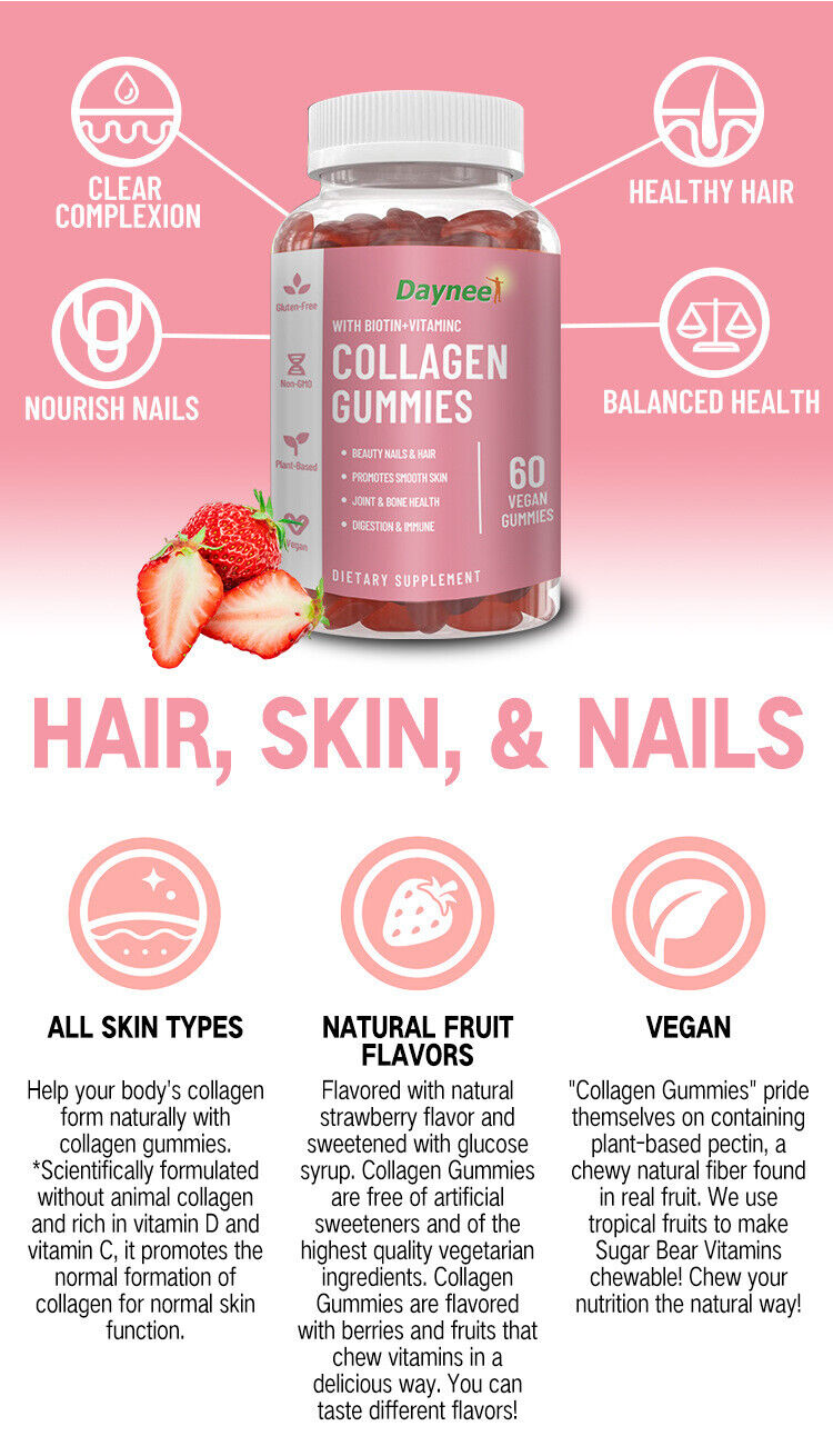 Biotin Vitamin C Collagen Gummies Nails Hair Skin Beauty 60 Vegan Capsules