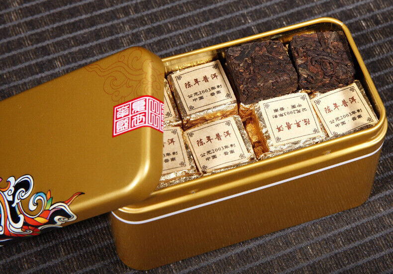 250g Old Pu'er Black Tea Ripe Puer Tea Brick Cooked Puerh Yellow Iron Box Yunnan
