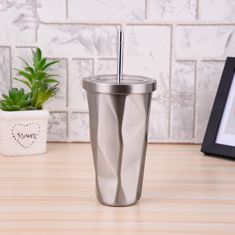 Coffee Mug With Straws Cup 500ml Creative Double Wall Stainless Steel Gradient Diamond Shaped Vacuum Insulation Bottle Tour