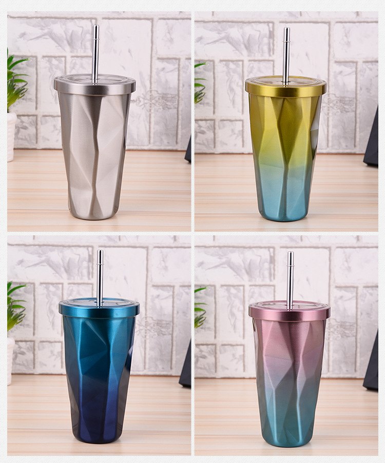 Coffee Mug With Straws Cup 500ml Creative Double Wall Stainless Steel Gradient Diamond Shaped Vacuum Insulation Bottle Tour