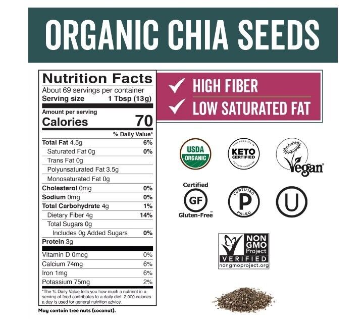 Certified Organic Chia Seeds with Omega-3 Bulk 2.2 LBs, Superfood, Gluten-Free