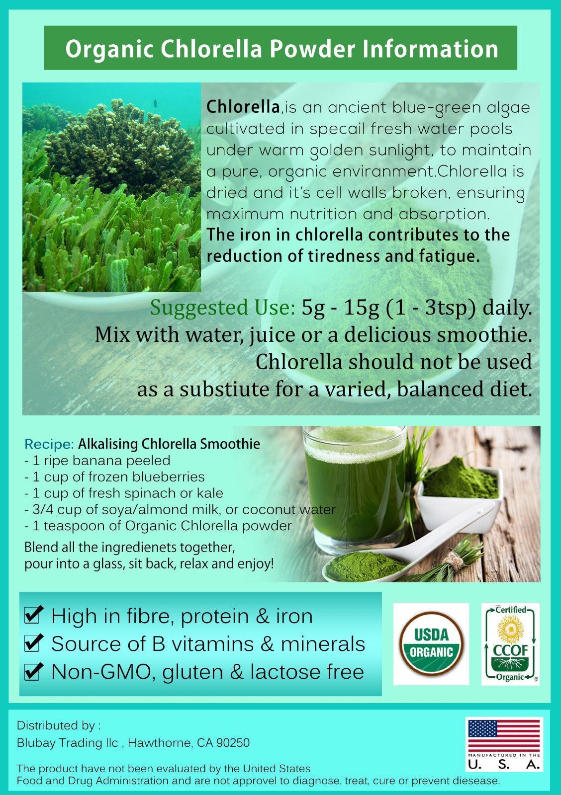 Chlorella Cracked Cell Powder 100% Pure Organic Non-Gmo Wholesale 1.1 lb