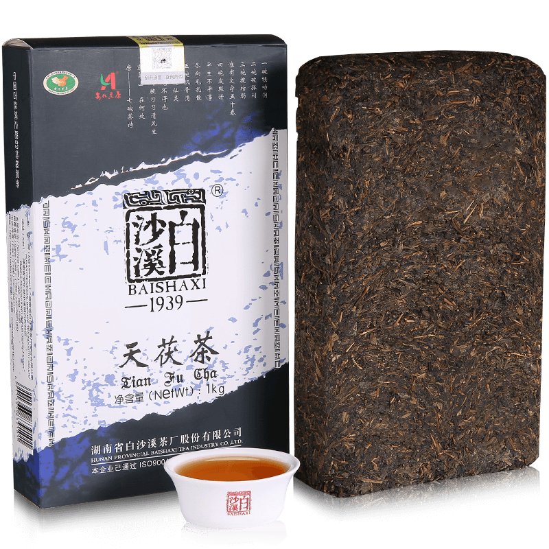 Gold Flower Tea Brick 1kg TIAN FU CHA Anhua Baishaxi 1939 Dark Tea Black Tea